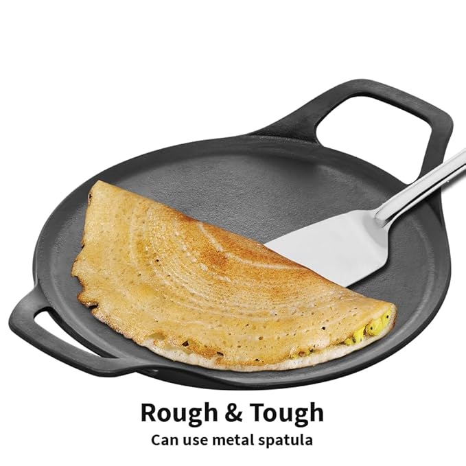 27 cm Cast Iron Dosa Tava, Pre-seasoned Flat Tawa for Roti Black