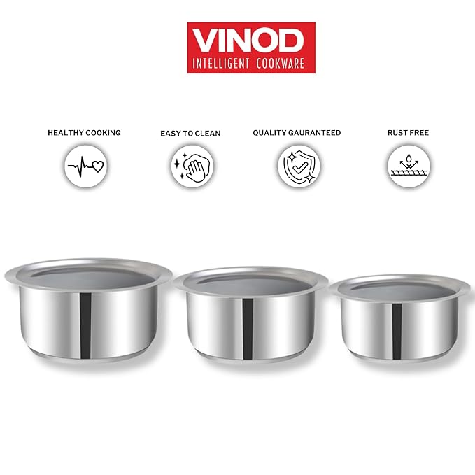 Stainless Steel 3 pc Tope Set with Capacity of 1 L, 1.4 L & 1.8 L with Stainless Steel Lids