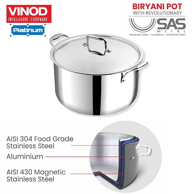 Triply Stainless Steel Biryani Pot with Lid - 11 L, 30 cm, Heavy Bottom, Riveted Handle, Cooking Pot
