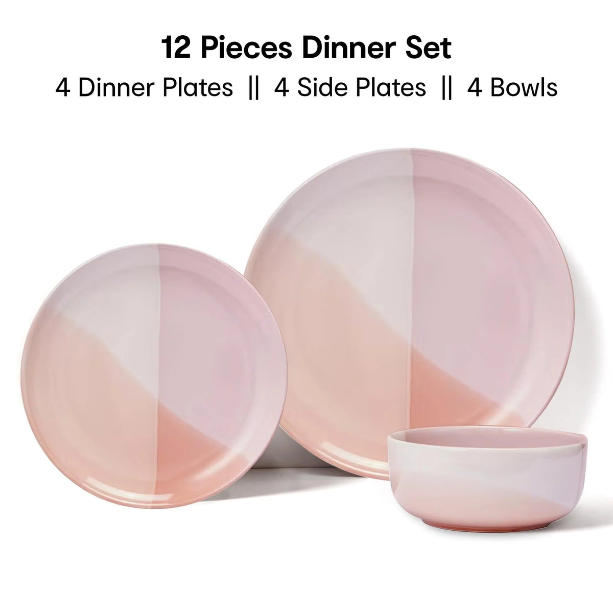 Stoneware Pink Dip Glazed 12 Pieces Solid Dinner Set for 4 4 Dinner Plates 4 Side Plates 4 Bowls