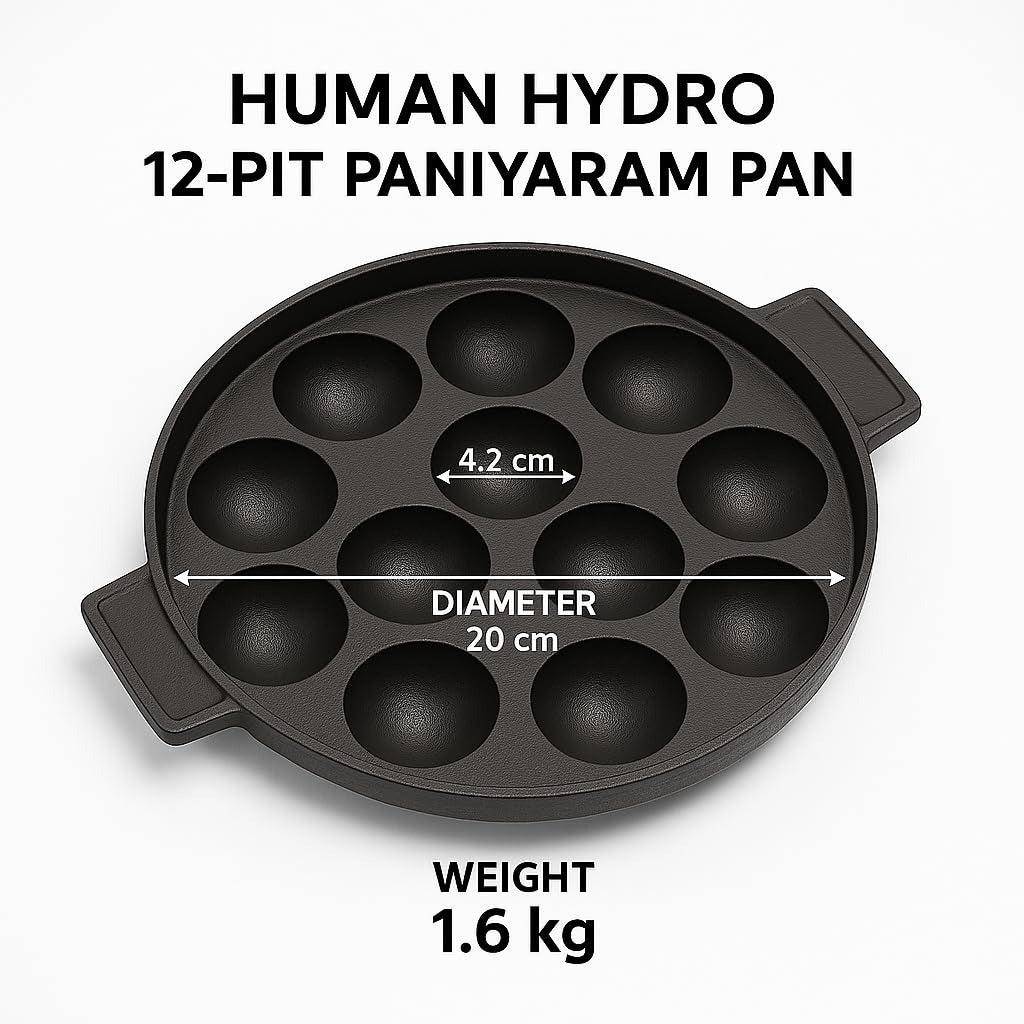 12-Pit Cast Iron Paniyaram Pan with 4 mm Glass Lid and Wooden Spatula 20 cm Pre-Seasoned Naturally Nonstick