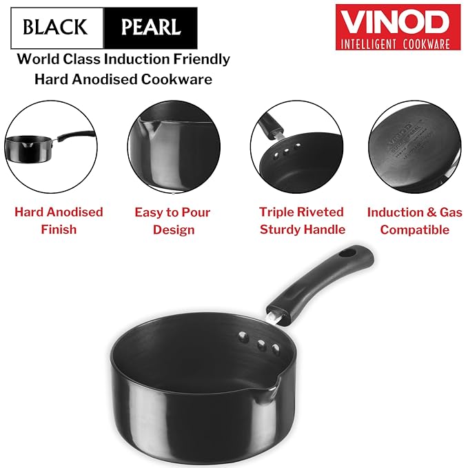 Hard Anodised Saucepan 1.1 L, 14 cm, 3.25 mm Thick, Metal Spoon Friendly, Ezee Pour Spout