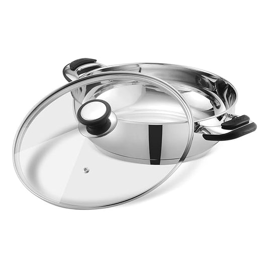 Stainless Steel Kadhai with Glass Lid 1.7 L (20 cm), 6.2 mm Thick, Kadhai for Deep Frying - 6.2 mm Thick - Design 2