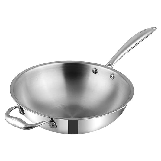 Triply Stainless Steel Wok - 3 L, 26 cm, Riveted Handle, Stir, Shallow Fry, Noodles, Curry