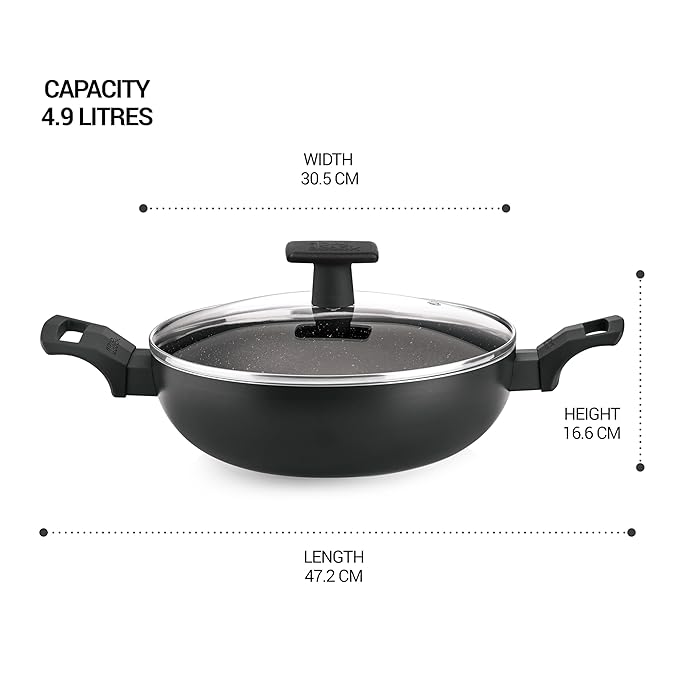 Induction Kadhai With Glass Lid, 30 cm / 4.9 L, Black