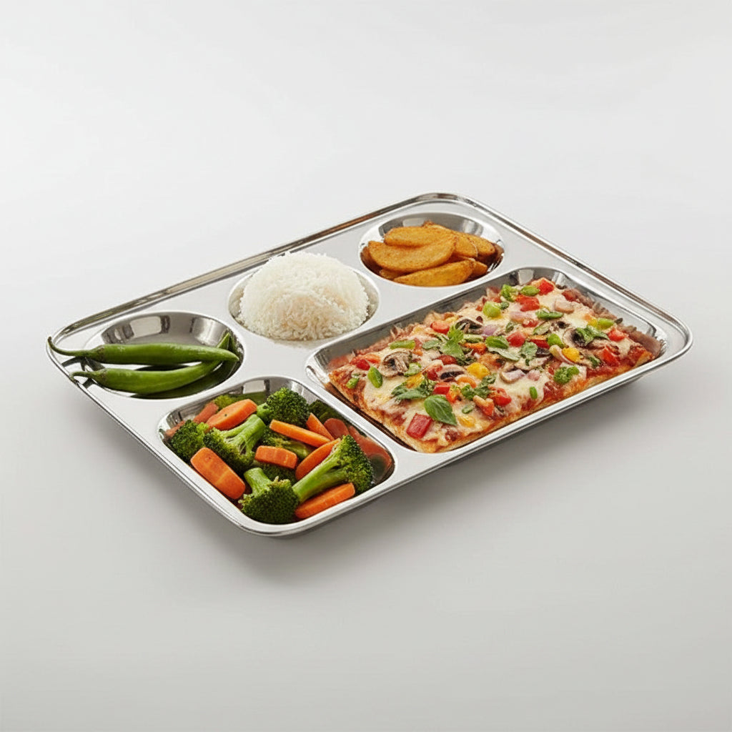Stainless Steel Partition Plate 5 in 1 Bhojan Thali Compartment Dinner Plate - Set of 6