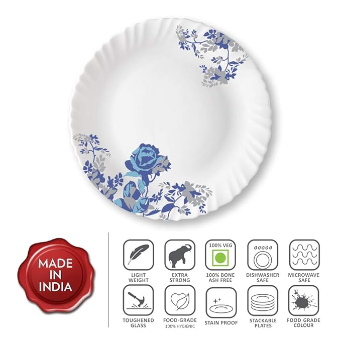 Opalware Blue Cascade Full Plate, White, 11 inch, Set of 6