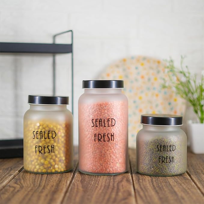 Kitchen Storage Jars Frosted Glass Jar With Steel Lid Air Tight Jar, 1500 ml, Pack of 4, Black Lid