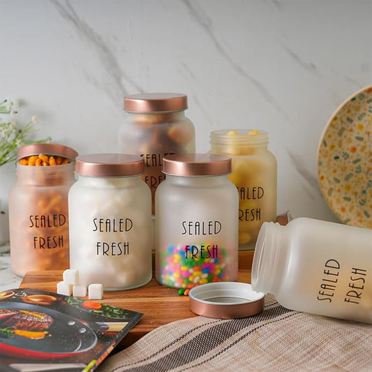Kitchen Storage Jars Frosted Glass Jar With Steel Lid Air Tight Jar, 1000 ml, Pack of 6, Golden Lid