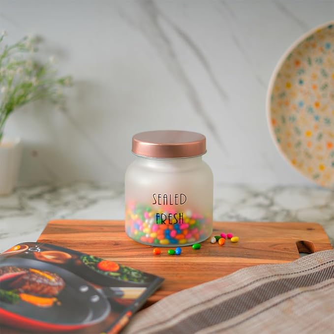 Kitchen Storage Jars Frosted Glass Jar With Steel Lid Air Tight Jar, 700 ml, Pack of 2, Golden Lid