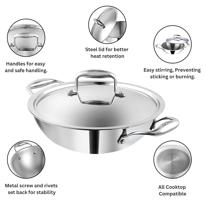 Triply Stainless Steel Cookware Kadai With Lid, 3.2 L, 26 cm, 2.5 mm Thick, 3 Layer Kadhai