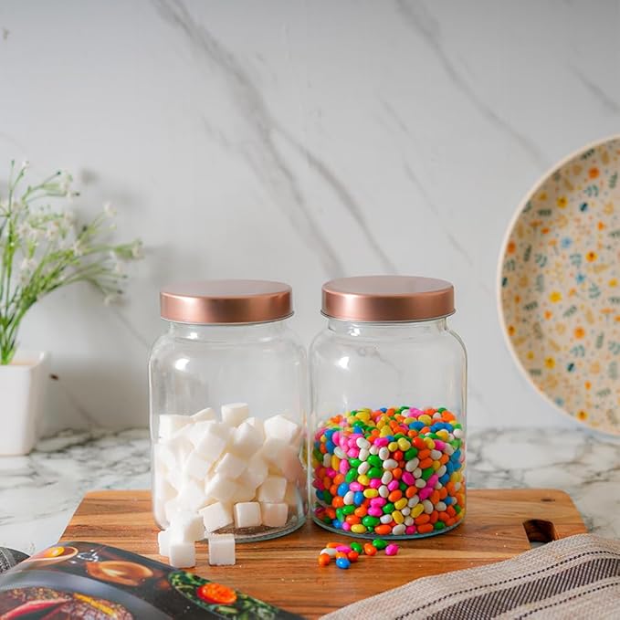 Kitchen Storage Jars Clear Glass Jar With Steel Lid Air Tight Jar, 1000 ml, Pack of 1, Golden Lid