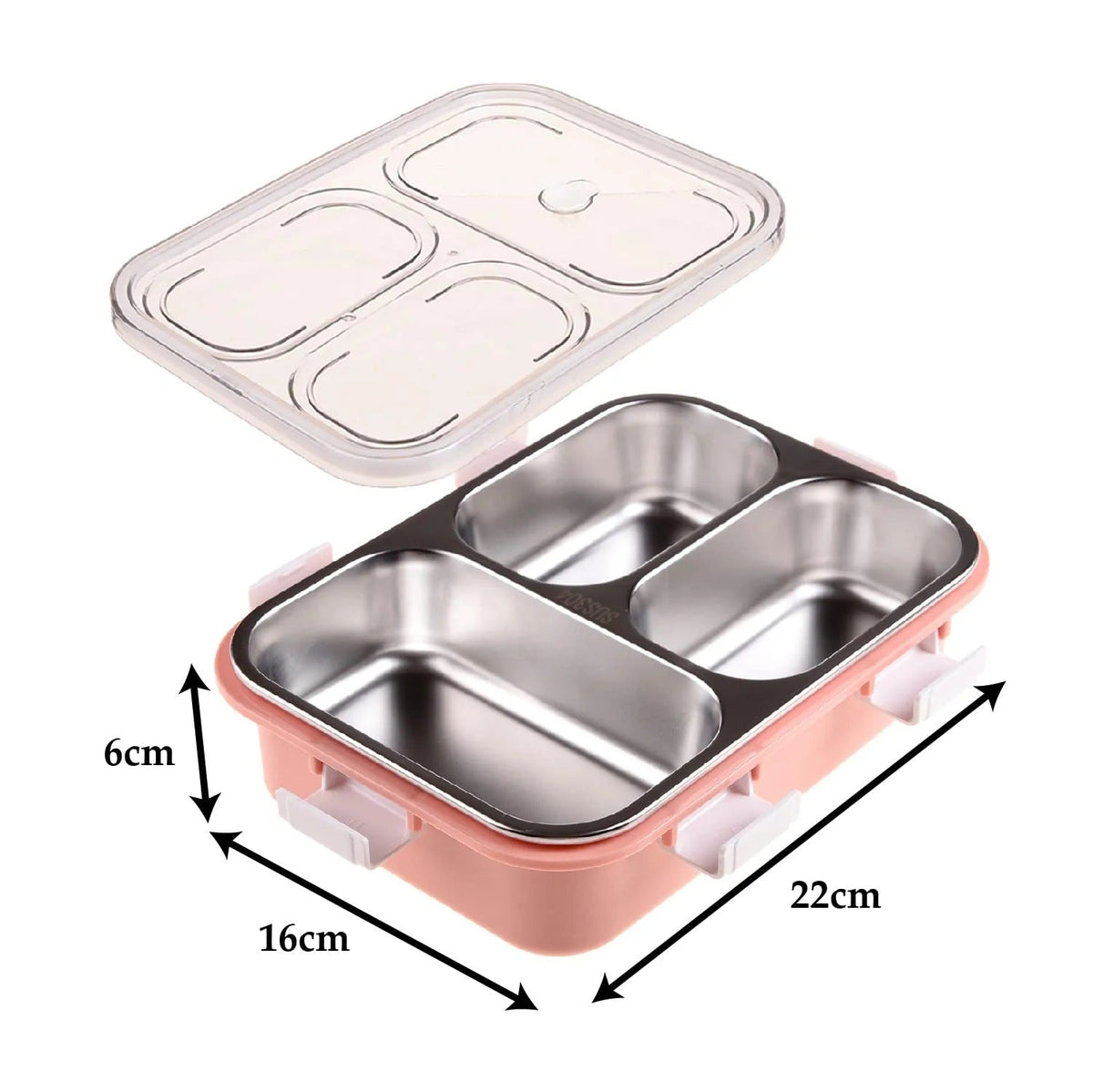 SS 3-Compartment Lunch Box, Chopstick & Spoon, Leak-Proof, Pink