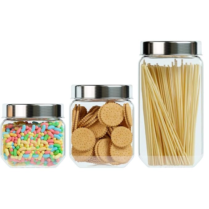 Kitchen Storage Jars Transperent Glass With Steel Lid Air Tight Jar, 850 ml, 1150 ml, 2000 ml, Pack of 3