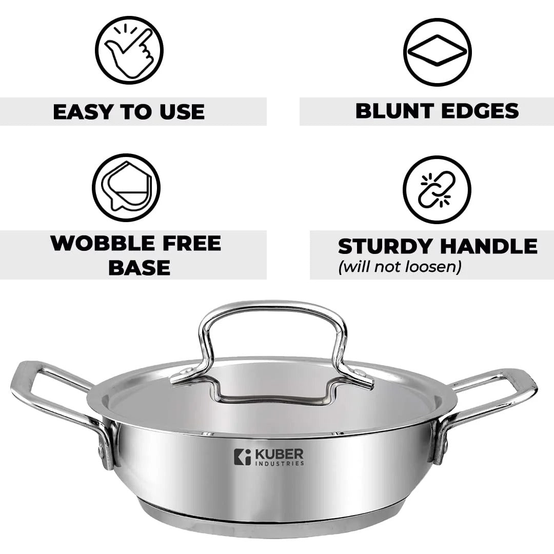 Tri-Ply Stainless Steel Kadhai 1.6L with Lid Induction 20 cm Silver