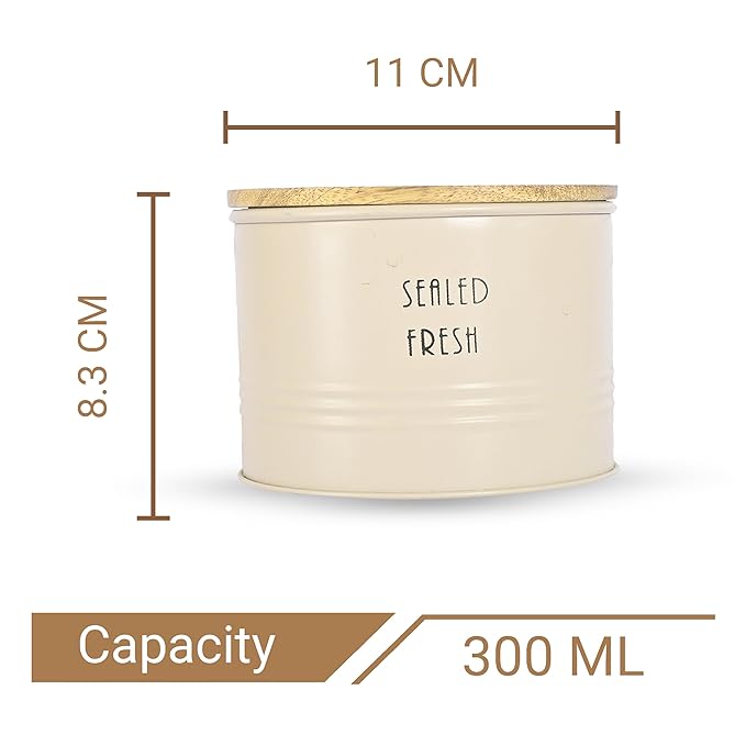 Kitchen Storage Jars Tin Jar With Wooden Lid Air Tight Jar, 300 ml, Pack of 2 - Design 2