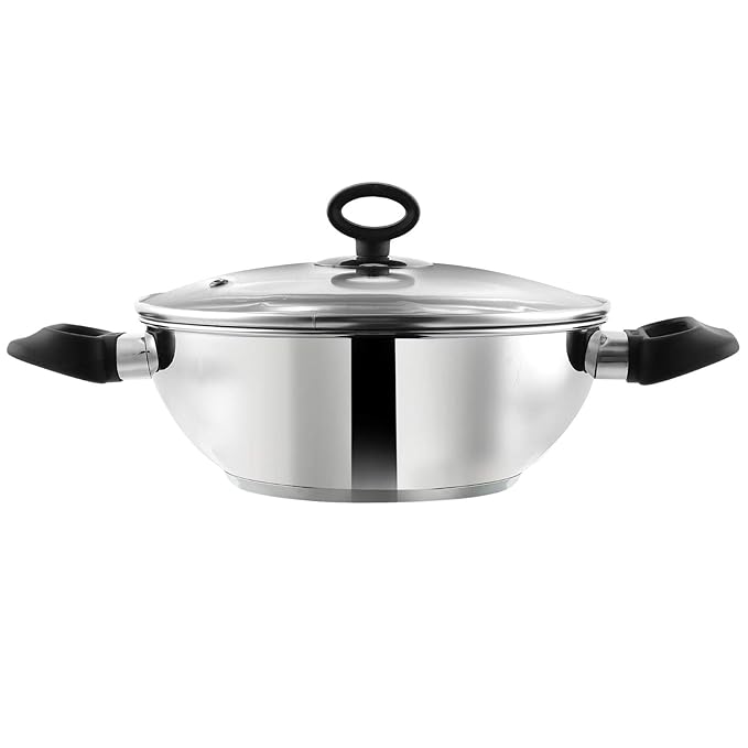 Stainless Steel Deluxe Kadhai with Glass Lid - 2.8 L, 24 cm, Extra Thick, SAS Bottom, Soft Handle