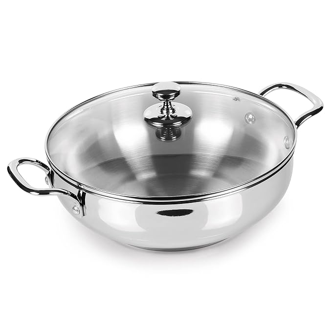 Stainless Steel Sandwich Bottom Kadhai with Glass Lid, 26 cm / 3.51 L