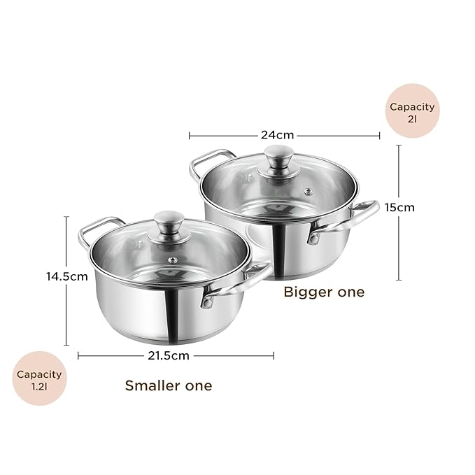 Stainless Steel Cookware set of 2, 1.2 and 2 L Saucepot with Glass Lid, SAS Bottom, Biryani Pot