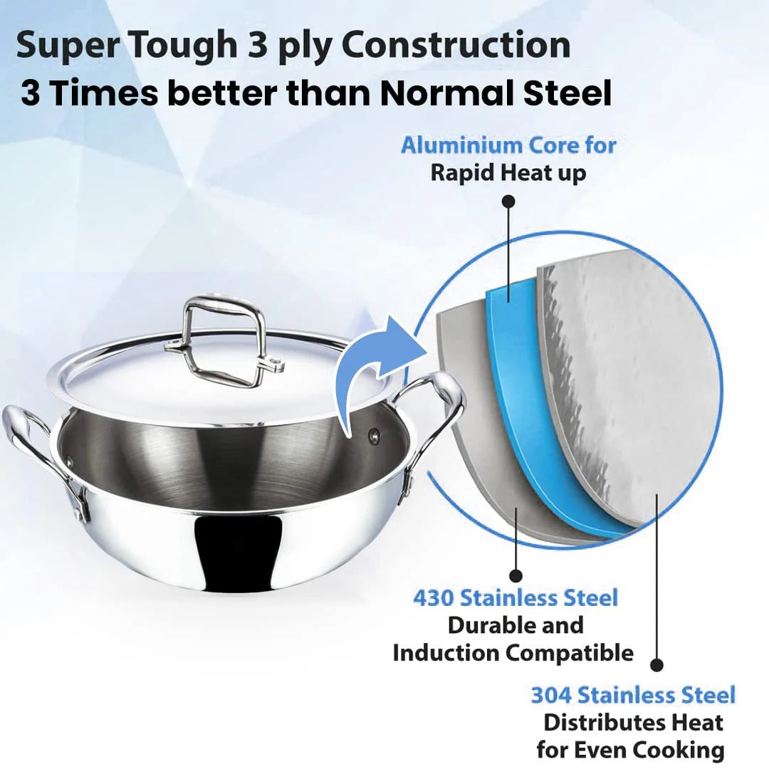 Tri-Ply Stainless Steel Kadhai 1.6L with Lid Induction 20 cm Silver