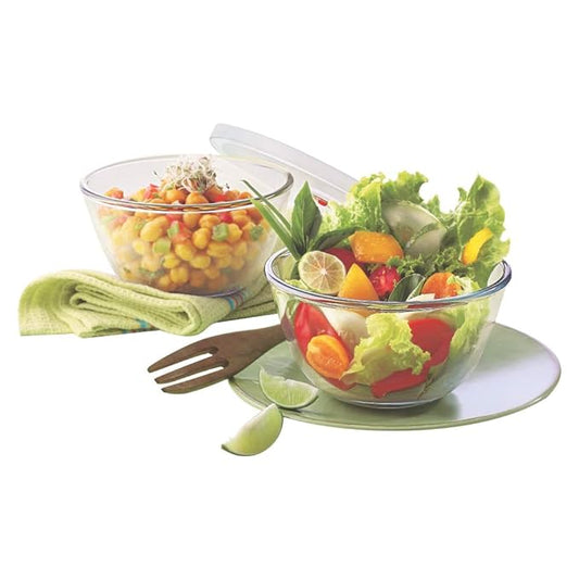 Serving & Mixing Bowl with Lid, Set of 2 (500 ml Each), Borosilicate Glass Bowl for Kitchen & Dinning