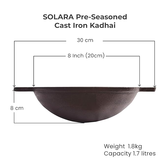 Pre Seasoned Cast Iron Kadhai, 20 cm, 1.8 Kg, Naturally Nonstick Cast Iron Kadai With Flat Handles