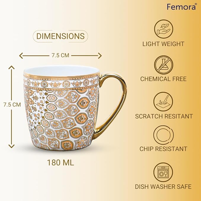 Premium Ceramic Floral Medallion Coffee & Tea Cup Set of 6, 160 ml, Golden