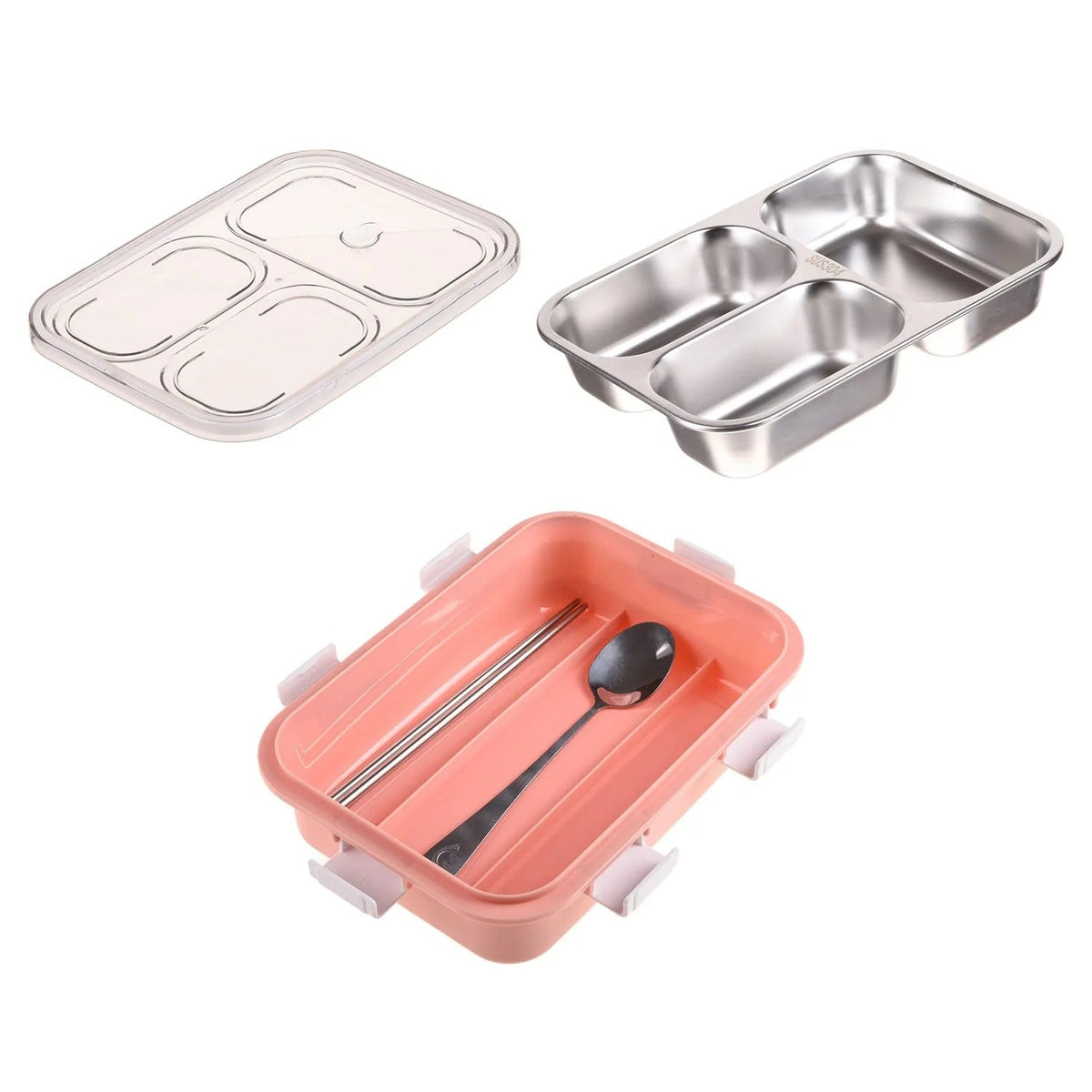 SS 3-Compartment Lunch Box, Chopstick & Spoon, Leak-Proof, Pink