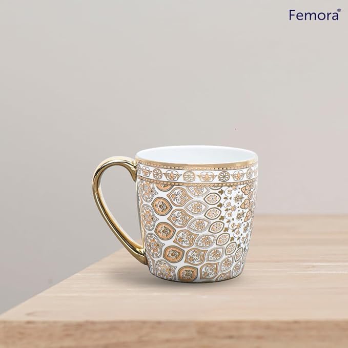 Premium Ceramic Floral Medallion Coffee & Tea Cup Set of 6, 160 ml, Golden