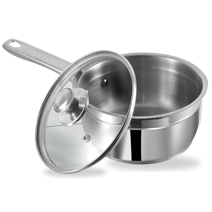 Vinod Two Tone Stainless Steel Saucepan with Glass Lid - 1.1 Litre, 14 cm | 6.2mm Thick | Triply Saucepot, Sturdy Rivete