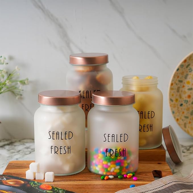 Kitchen Storage Jars Frosted Glass Jar With Steel Lid Air Tight Jar, 1000 ml, Pack of 6, Golden Lid