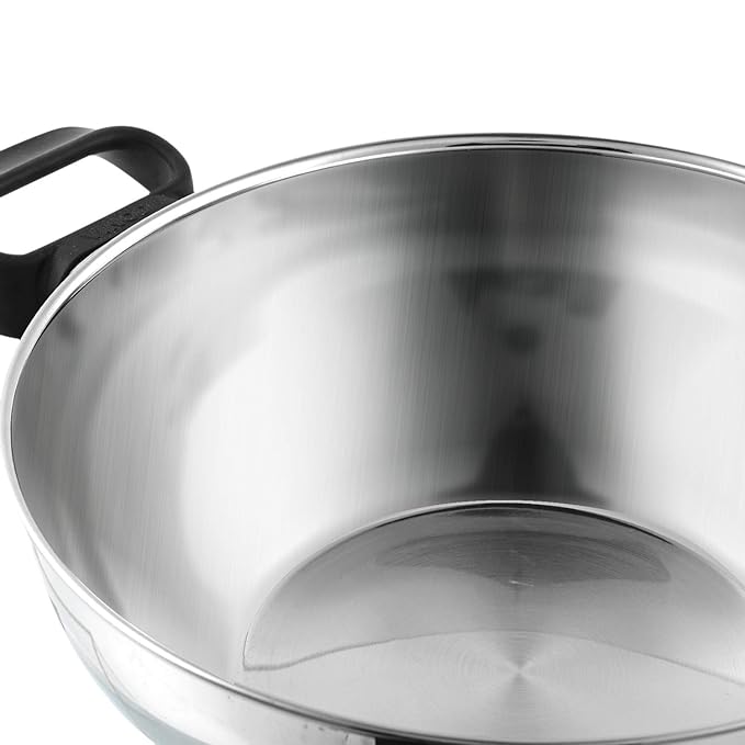 Stainless Steel Deluxe Kadhai with Glass Lid - 2.8 L, 24 cm, Extra Thick, SAS Bottom, Soft Handle