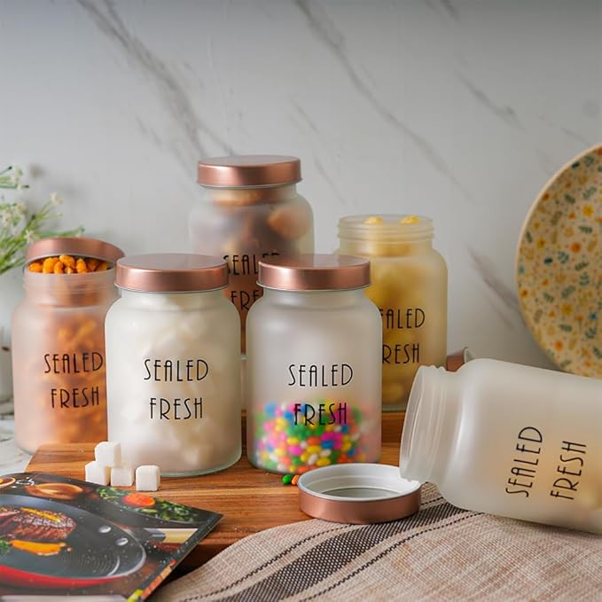 Kitchen Storage Jars Frosted Glass Jar With Steel Lid Air Tight Jar, 1000 ml, Pack of 6, Golden Lid