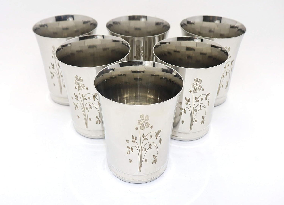Stainless Steel Water Glasses Pari Design with Laser Flower Design - 350 ml