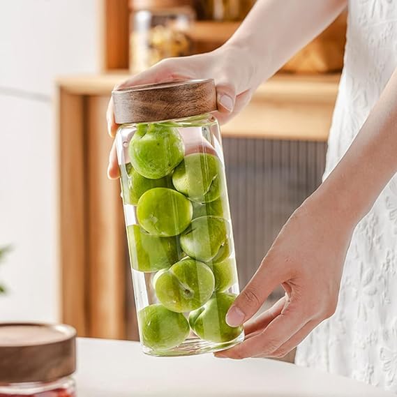 Kitchen Storage Jars Borosilicate Glass With Wooden Lid Air Tight Jar, 750 ml, Pack of 1, Transparent