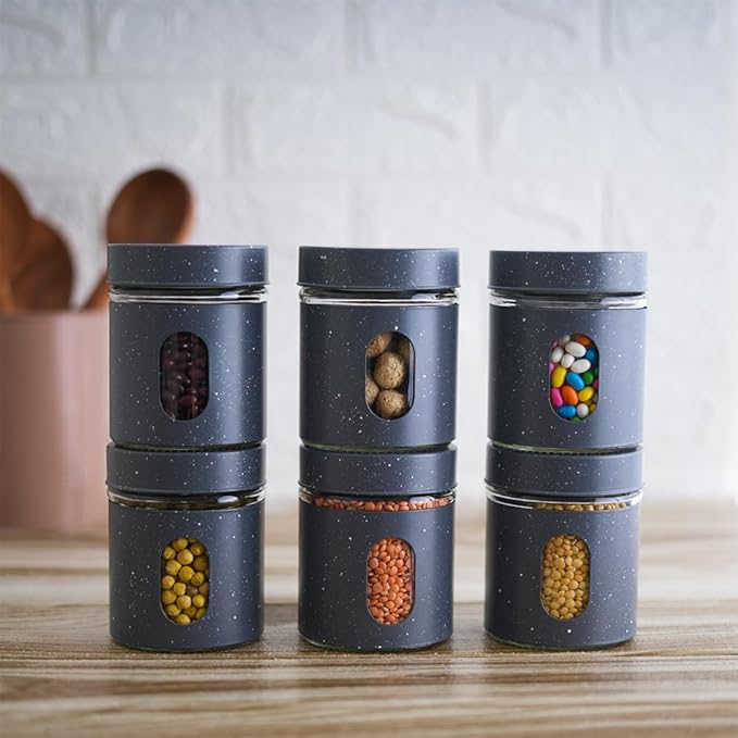Carbon Steel Jar for Kitchen Storage With Clear Glass Window and Carbon Steel Lid, 300 ml, 3pc Set