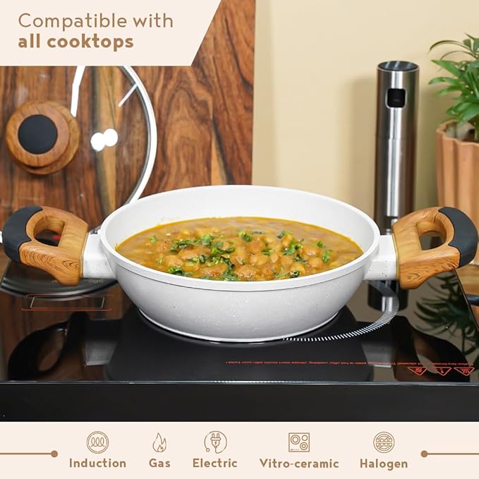 Naturally Forged Nonstick 28 cm Kadai With Glass Lid, 3.3 L Capacity