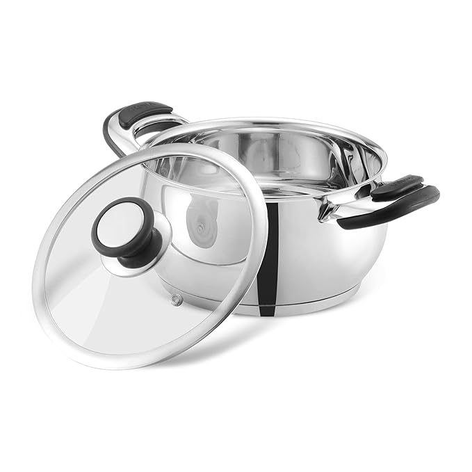 Stainless Steel Saucepot Handi with Glass Lid - 2.7 L, 18 cm, Stylish Durable Handles