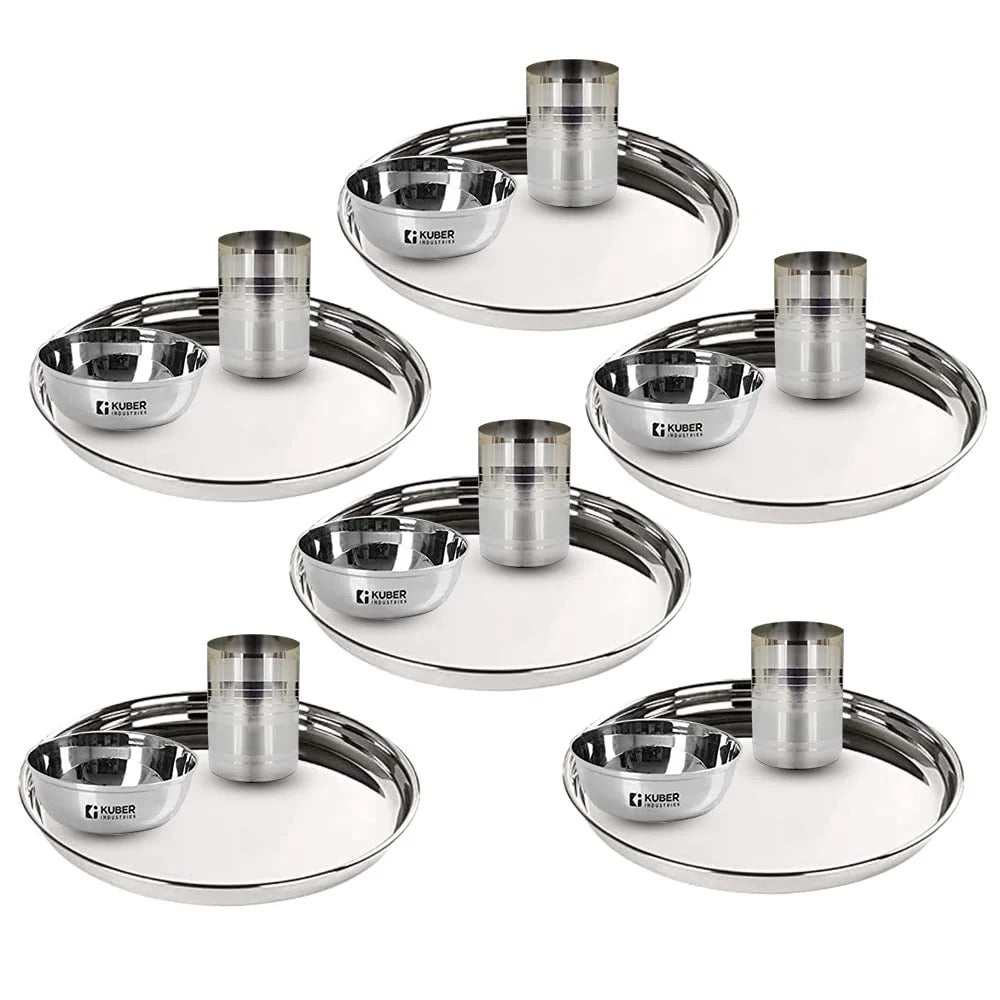 Stainless Steel Dinner Set Plates Set of 6 + Bowl Set of 6 + Glass Set of 6 Heavy Gauge Mirror Finish