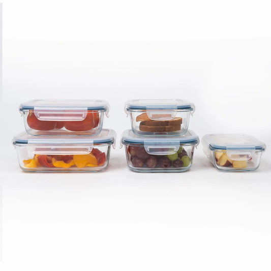 5-Piece Glass Storage Container Set, Lockable Lids, Leak-Proof, Spill-Proof, Clear
