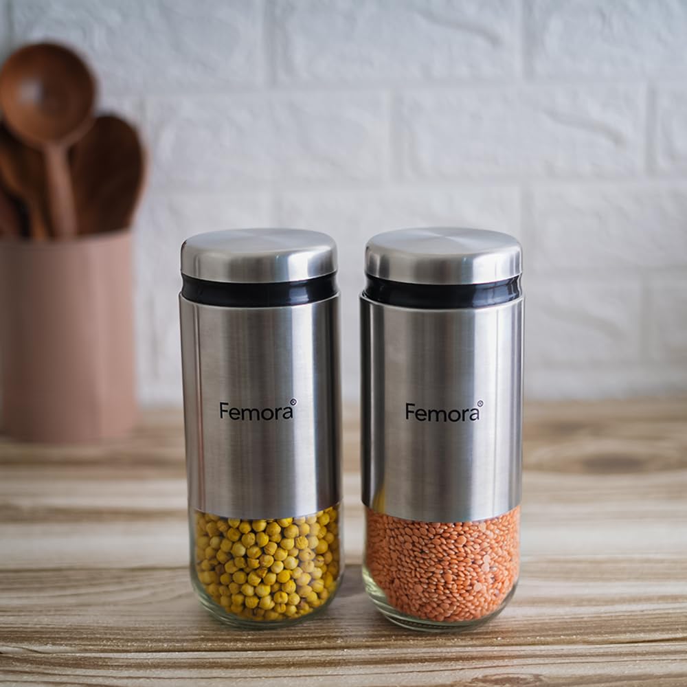 Kitchen Storage Jars Steel Body With See Through Bottom Jar, 900 ml, Set of 2
