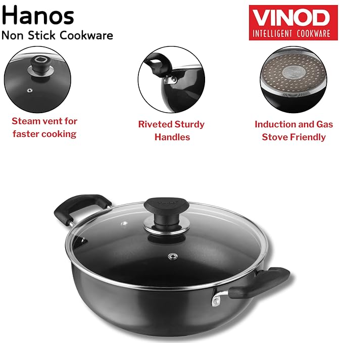 Hard Anodised Non Stick Deep Kadhai with Glass lid - 3.1 L, 24 cm, 3.25 mm Thick, 5X Non Stick
