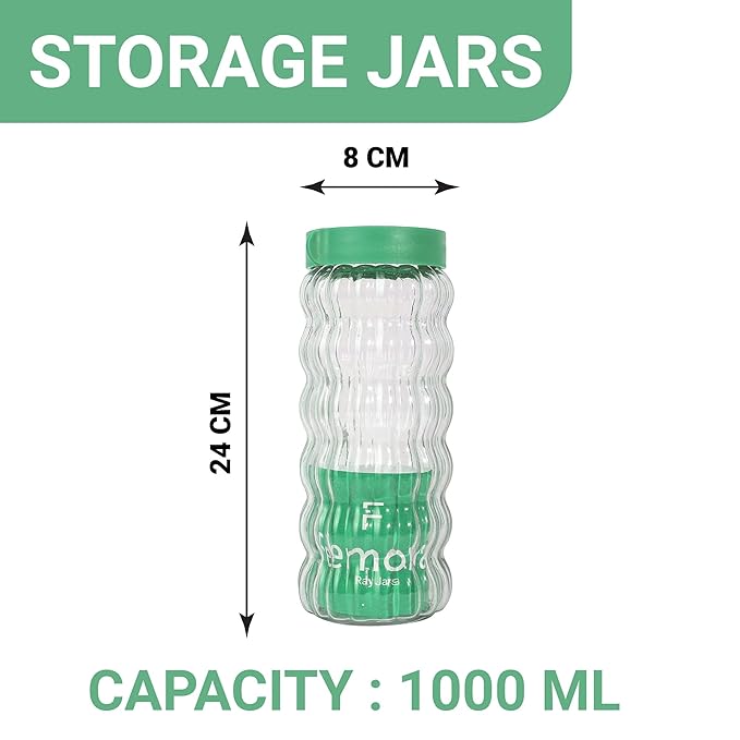 Kitchen Storage Jars Clear Glass With Plastic Stackable Lid Jar, 1000 ml, Pack of 2