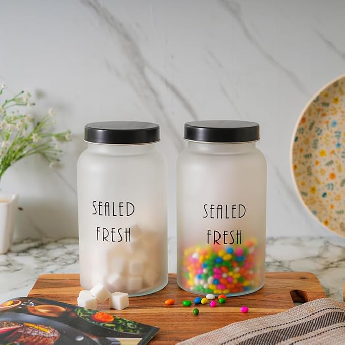 Kitchen Storage Jars Frosted Glass Jar With Steel Lid Air Tight Jar, 1500 ml, Pack of 4, Black Lid
