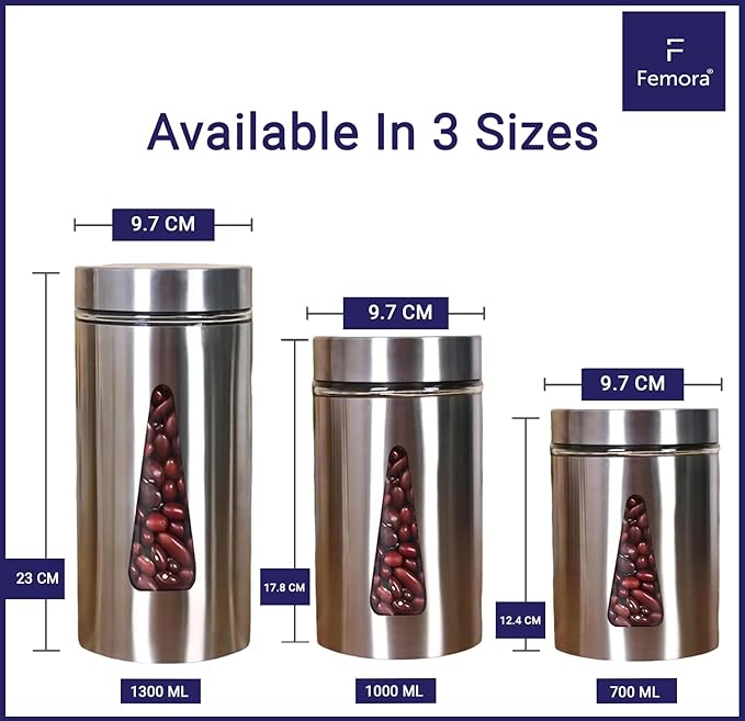Kitchen Storage Jars Steel Finish With See Through Window Jar, 700 ml, Pack of 6, Silver