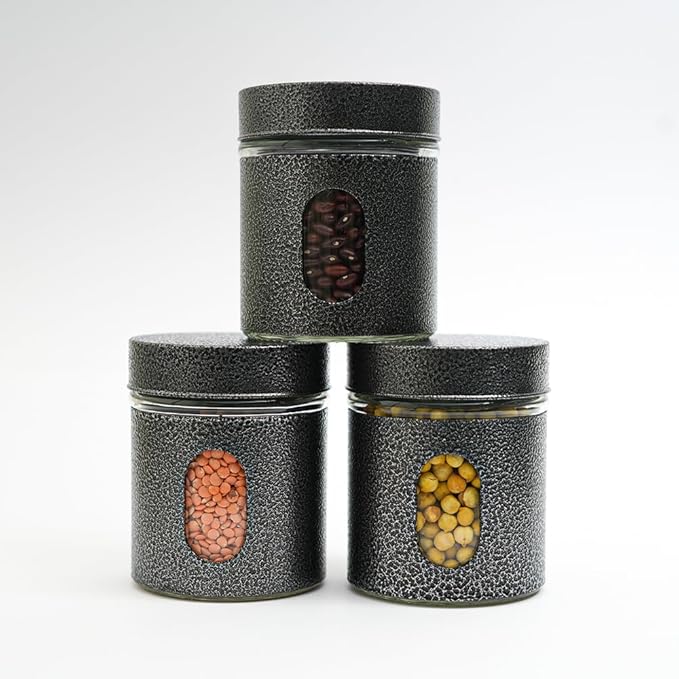 Carbon Steel Jar for Kitchen Storage With Clear Glass Window and Carbon Steel Lid, 300 ml, Set of 3