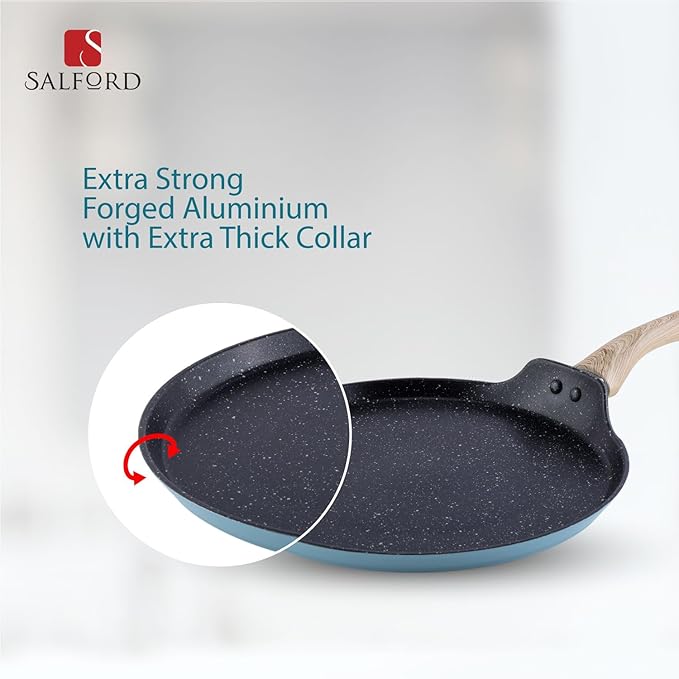 Salford by Ucook Forged Non-stick Tawa With Soft Touch Wooden Handle, Induction & Gas Ready | Black Spatter Dusty Blue |