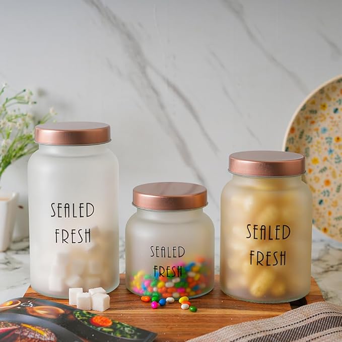 Kitchen Storage Jars Frosted Glass Jar With Steel Lid Air Tight Jar, 1500 ml, Pack of 1, Golden Lid