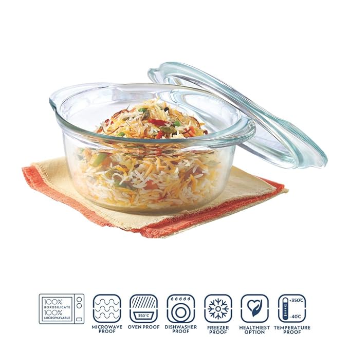 Glass Casserole Oven and Microwave Safe Serving Bowl With Glass Lid, 1.75 L, Transparent