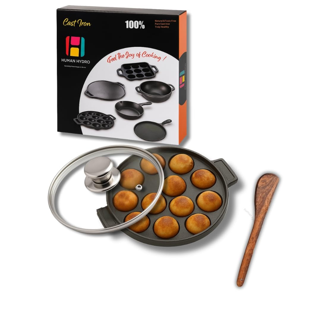 12-Pit Cast Iron Paniyaram Pan with 4 mm Glass Lid and Wooden Spatula 20 cm Pre-Seasoned Naturally Nonstick